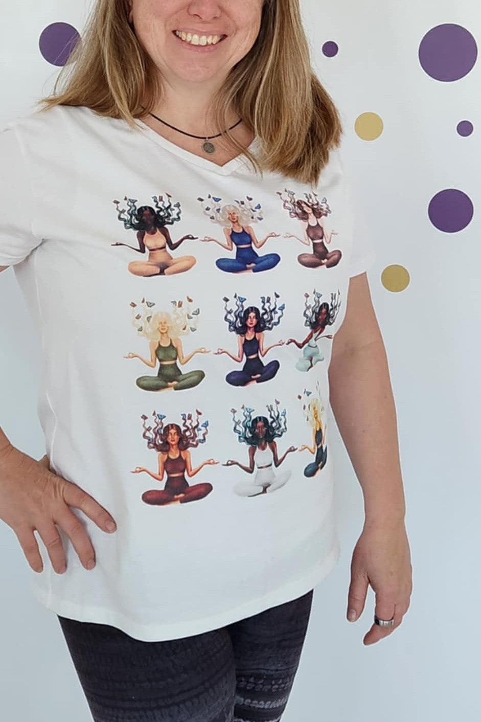 Fun Goddesses Meditating Women’s White V-Neck T-Shirt