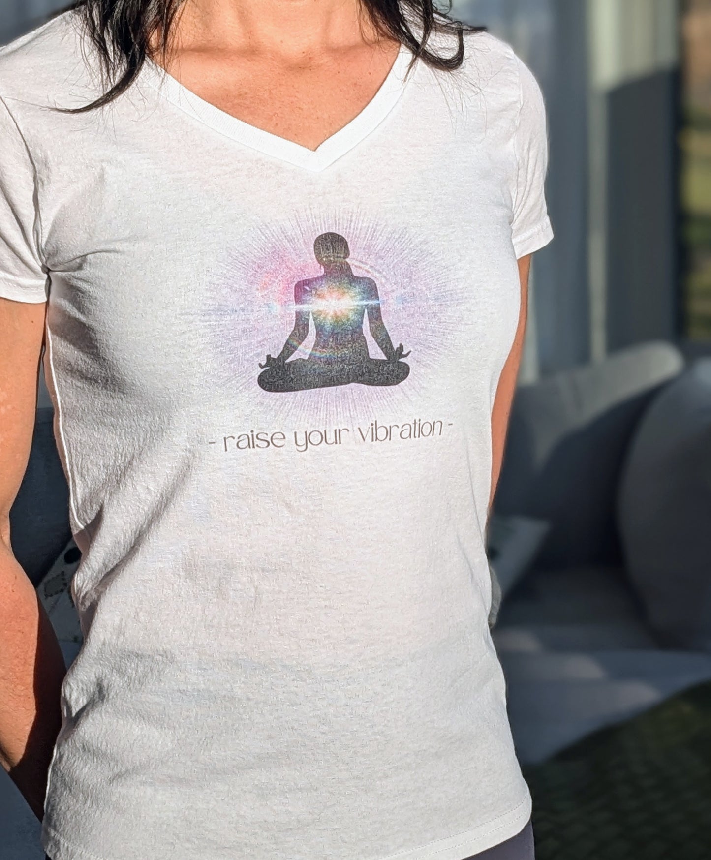 Pretty "raise your vibration" Women's White T-shirt V-neck, Spiritual, Yoga, Energy, Vibration, Frequency, Meditation, Yogini