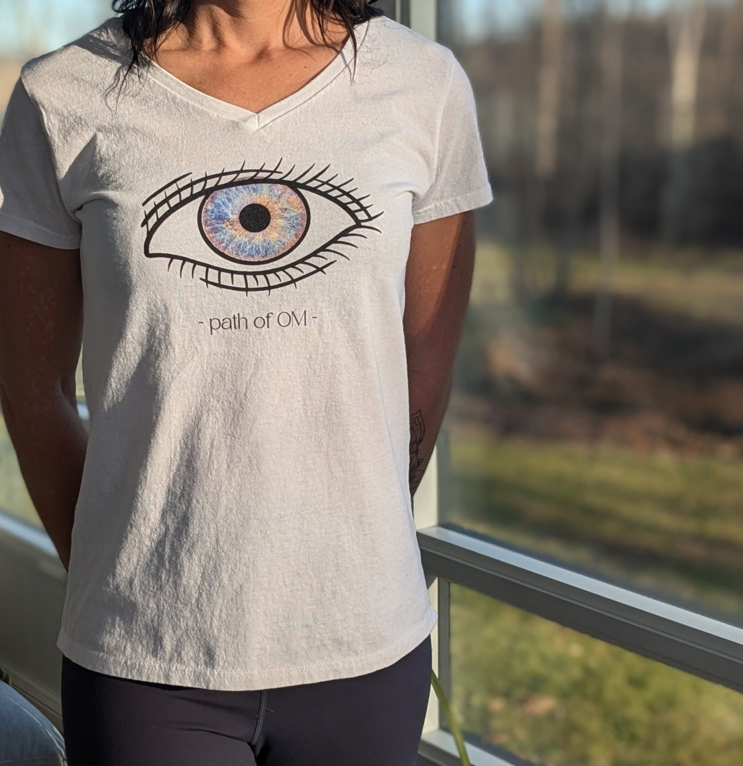 Eye "path of OM" Women's White T-shirt V-neck, Yoga, Spiritual, Consciousness, Universe, Source