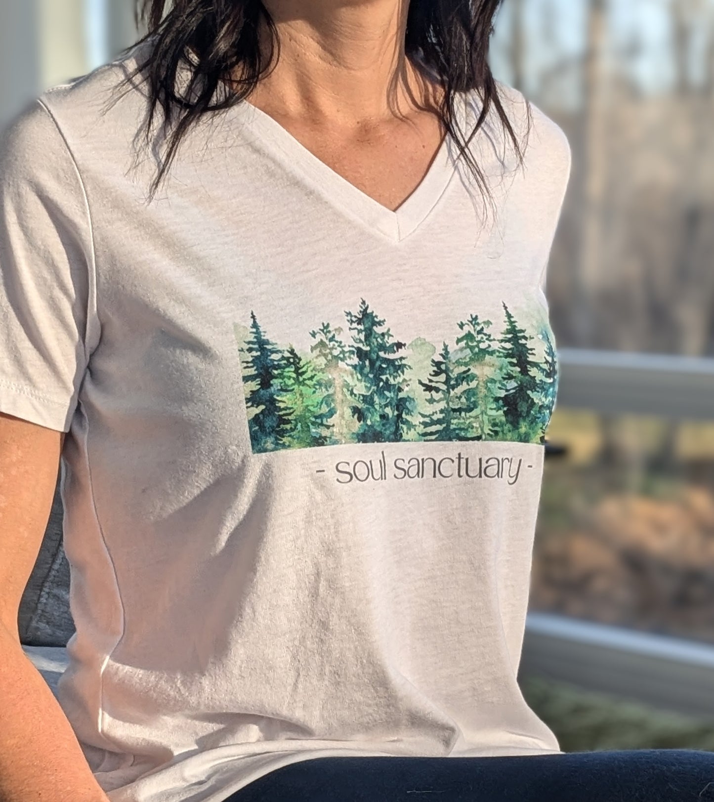 Soothing Forest "soul sanctuary" Women's White T-shirt V-neck, Nature, Connectedness, Spiritual, Oneness, Yoga, Seeker