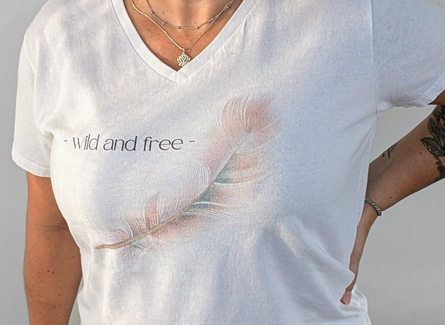 Beautiful Feather "wild and free" Women's White T-shirt V-neck, Yoga, Path of OM, Spiritual, Bohemian, Philosophy