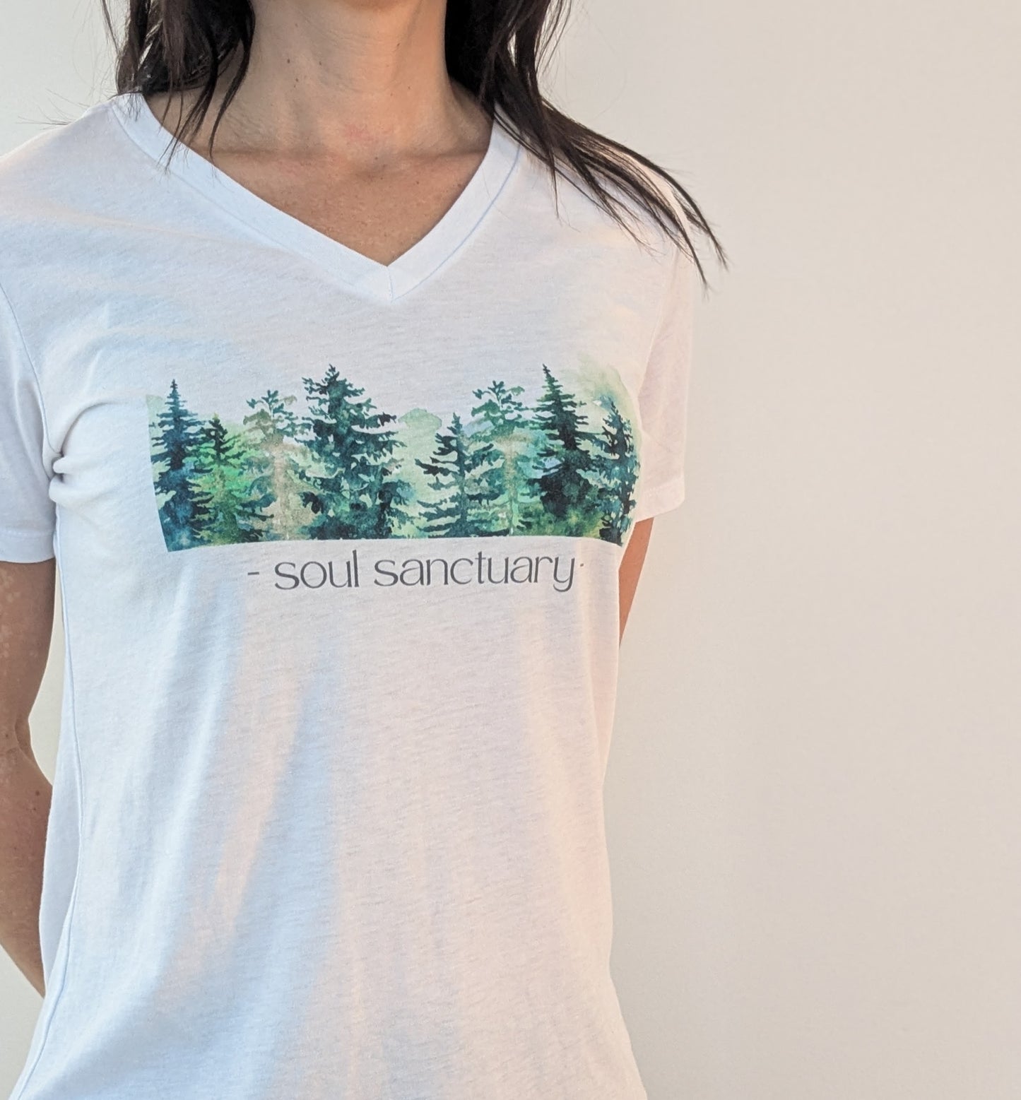 Soothing Forest "soul sanctuary" Women's White T-shirt V-neck, Nature, Connectedness, Spiritual, Oneness, Yoga, Seeker