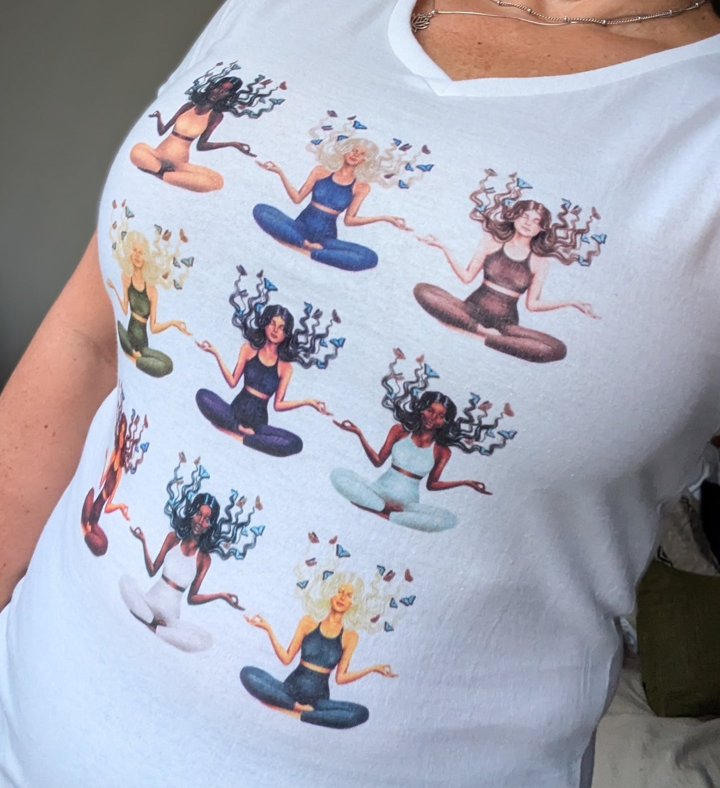 Fun Goddesses Meditating Women’s White V-Neck T-Shirt