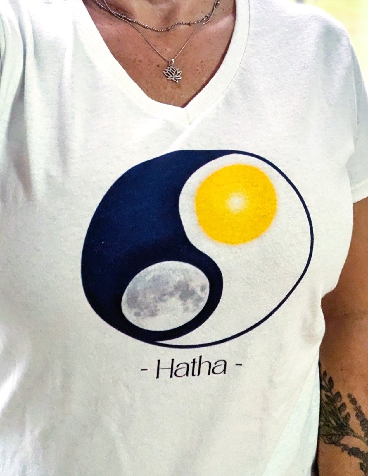 Hatha Ying Yang Sun & Moon Masculine & Feminine Energy Balance Women’s White V-Neck T-Shirt