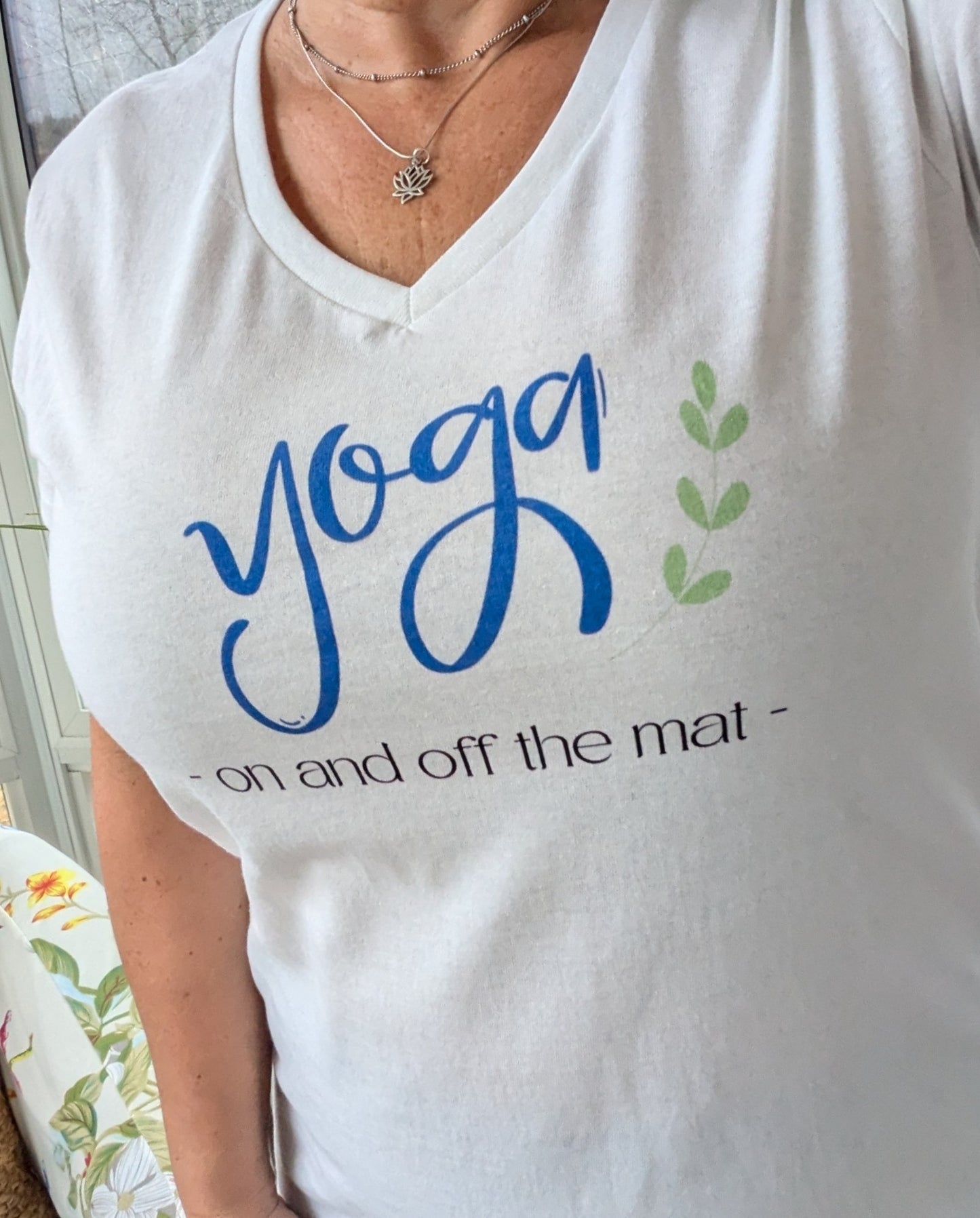 Fun "Yoga - on and off the mat-" Women's White V-neck T-shirt