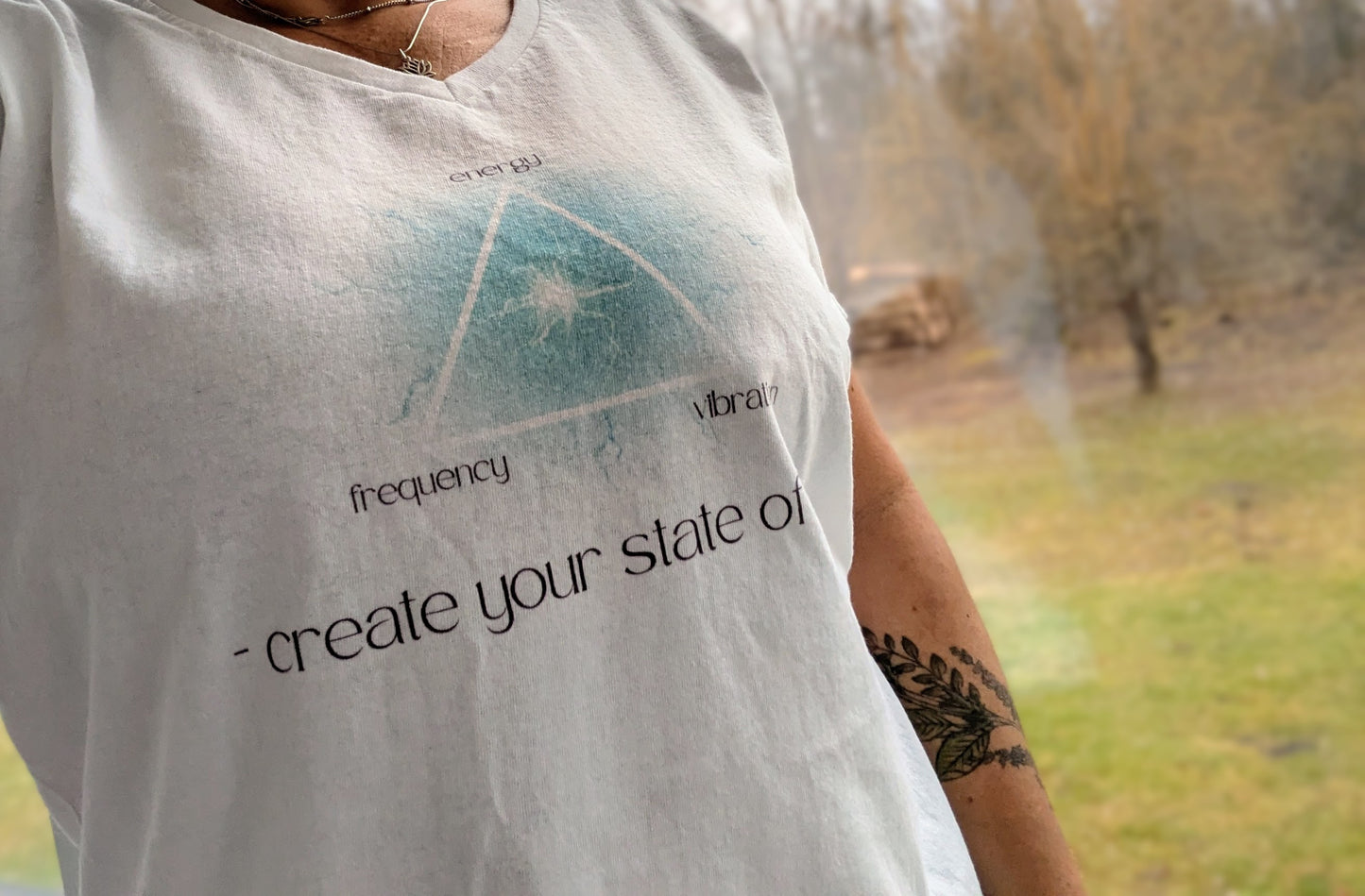 Beautiful "create your state of flow" Women's White T-shirt V-neck, Spiritual, Yoga, Philosophy, Physics, Nicola Tesla, Energy, Vibration, Frequency