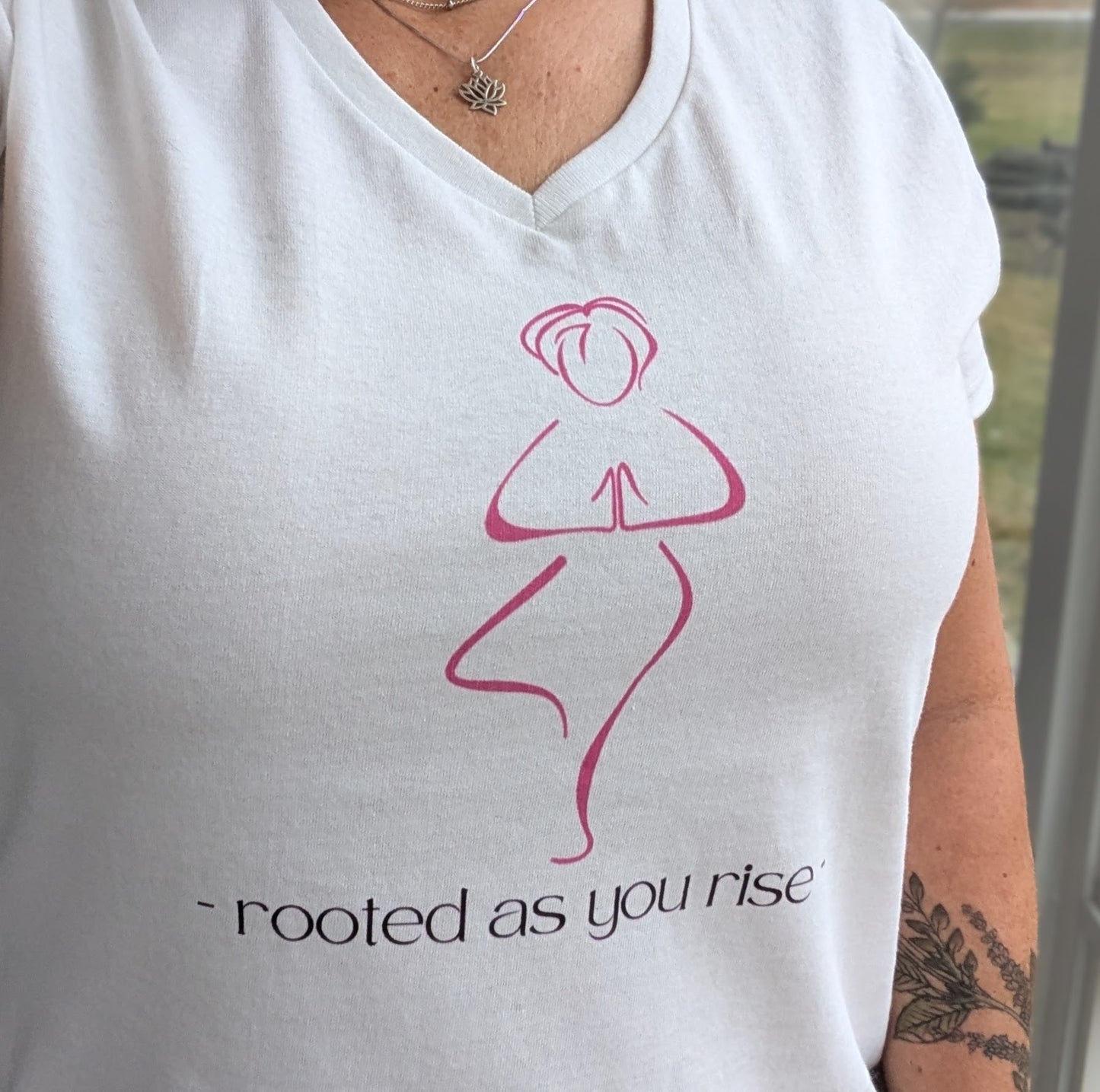 Cute "rooted as you rise" Tree Pose Women’s White V-Neck T-Shirt
