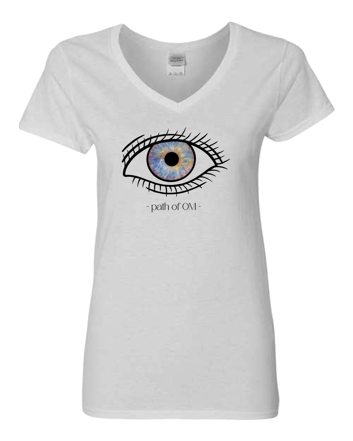 Eye "path of OM" Women's White T-shirt V-neck, Yoga, Spiritual, Consciousness, Universe, Source