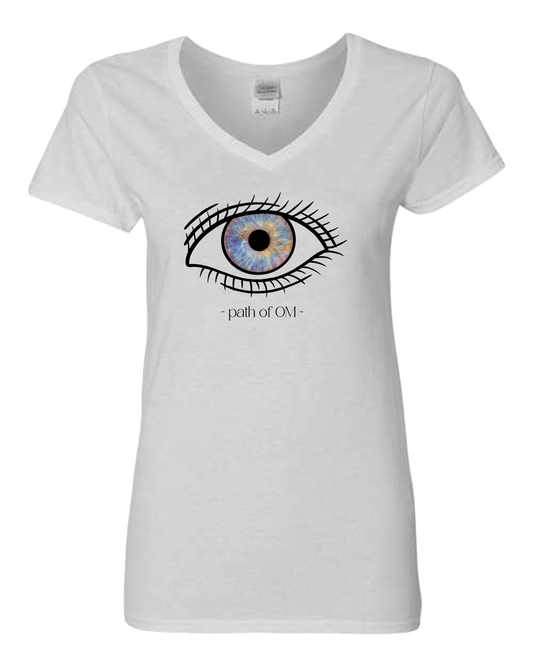 Eye "path of OM" Women's White T-shirt V-neck, Yoga, Spiritual, Consciousness, Universe, Source