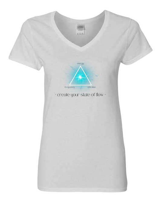 Beautiful "create your state of flow" Women's White T-shirt V-neck, Spiritual, Yoga, Philosophy, Physics, Nicola Tesla, Energy, Vibration, Frequency