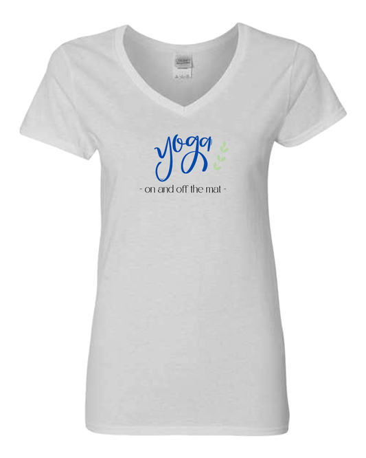 Fun "Yoga - on and off the mat-" Women's White V-neck T-shirt