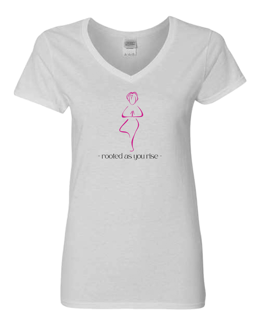 Cute "rooted as you rise" Tree Pose Women’s White V-Neck T-Shirt