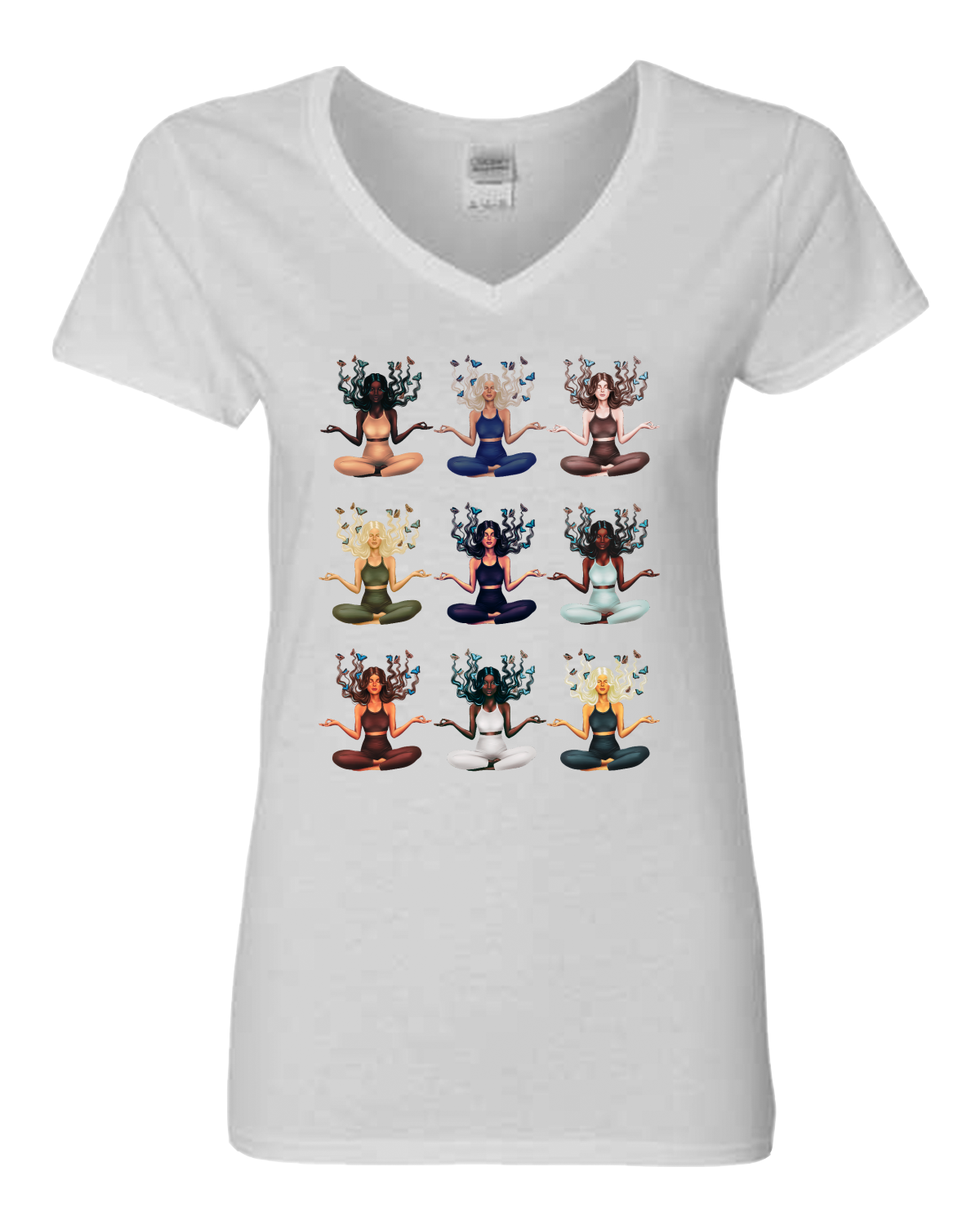 Fun Goddesses Meditating Women’s White V-Neck T-Shirt