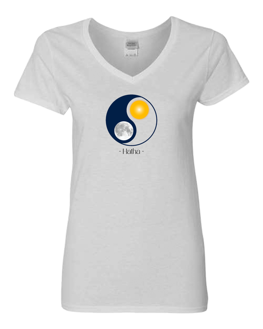 Hatha Ying Yang Sun & Moon Masculine & Feminine Energy Balance Women’s White V-Neck T-Shirt