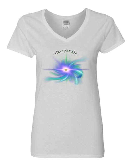 "shine your light" Women's White V-neck T-shirt, Yoga, Path of OM, Philosophy, Meditation, Buddha, Energy, Vibration