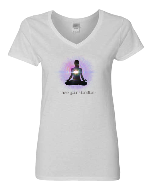 Pretty "raise your vibration" Women's White T-shirt V-neck, Spiritual, Yoga, Energy, Vibration, Frequency, Meditation, Yogini