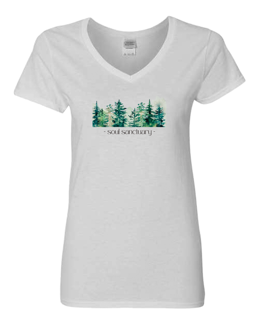 Soothing Forest "soul sanctuary" Women's White T-shirt V-neck, Nature, Connectedness, Spiritual, Oneness, Yoga, Seeker